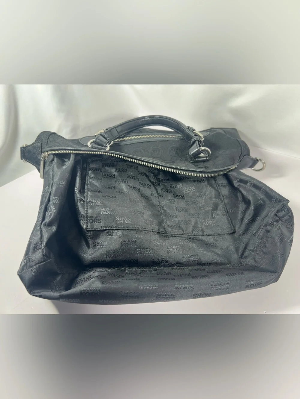 4279: Michael Kors Black Logo Jacquard Satchel Silver Hardware